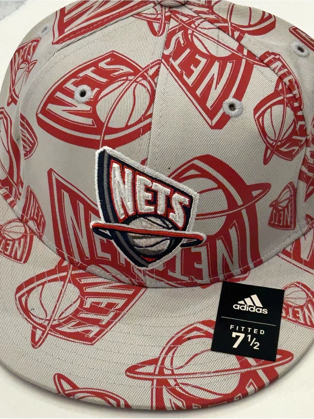 New Jersey Nets NBA Adidas Fitted Hat All Over Logo Sz 7 1/2 NEW Deadstock RARE